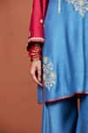 Sue Mue_Blue Silk Embroidery, Sequins, Kai Color Block Floral Motif Tunic And Pant Set _at_Aza_Fashions