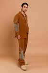 Rohit Doshi_Brown Crepe, Polyester Embroidery Abstract Motif Shirt And Pant Set _Online_at_Aza_Fashions