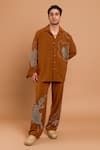 Buy_Rohit Doshi_Brown Crepe, Polyester Embroidery Abstract Motif Shirt And Pant Set _at_Aza_Fashions