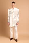 Buy_Rohit Doshi_Off White Cotton, Crepe, Rayon Floral And Geometric Embroidered Bandhgala Set _at_Aza_Fashions