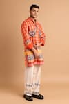 Buy_Rohit Doshi_Orange Cotton, Crepe, Rayon Embroidery Checkered Print Kurta Set _at_Aza_Fashions
