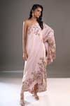 Shop_Anamika Khanna_Pink Embroidery, Sequins One Shoulder, Bandeau Neck Cape And Draped Skirt Set _at_Aza_Fashions