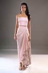 Anamika Khanna_Pink Embroidery, Sequins One Shoulder, Bandeau Neck Cape And Draped Skirt Set _Online_at_Aza_Fashions