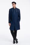 Buy_Dhruv Vaish_Navy Silk Beads, Stones High Neck Embroidered Sherwani Set _at_Aza_Fashions