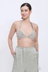 Buy_Dilnaz_Green Net, Polyester, Satin Pearls, Crystals Halter Neck Hand Embroidered Top _at_Aza_Fashions
