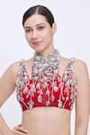 Buy_Dilnaz_Red Net, Polyester, Satin Beads, Pearls, Sequins Halter Hand Embroidered Blouse _at_Aza_Fashions