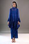 Shop_Anamika Khanna_Blue Mandarin Collar, Round Neck Tonal Embroidered Cape Draped Skirt Set _Online_at_Aza_Fashions