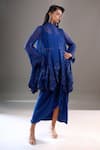 Anamika Khanna_Blue Mandarin Collar, Round Neck Tonal Embroidered Cape Draped Skirt Set _at_Aza_Fashions