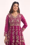 Shop_Surbhi Shah_Magenta Embroidery, Zari Split V-neck Tijara Bagh Anarkali With Pant _Online_at_Aza_Fashions