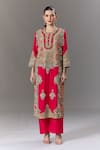Debyani + CO_Red Embroidery, Beads, Sequins Round Neck Kurta And Pant Set _Online_at_Aza_Fashions