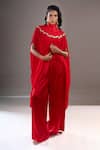 Buy_Anamika Khanna_Red High , Collared, Bandeau Draped Cape And Palazzo Set _at_Aza_Fashions
