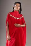 Anamika Khanna_Red High , Collared, Bandeau Draped Cape And Palazzo Set _at_Aza_Fashions