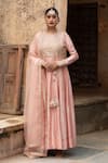 Buy_Amoree by Shikha Chaudhry_Peach Chanderi Silk, Silk, Chanderi, Organza Masakali Marodi Anarkali Set _at_Aza_Fashions