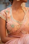 Amoree india_Peach Organza Applique, Beads, Sequins, Zari, Blossom Saree With Blouse _Online_at_Aza_Fashions