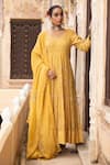 Shop_Amoree by Shikha Chaudhry_Mustard Chanderi Silk, Organza Gota Patti, Embroidery Harvest Anarkali Set _Online_at_Aza_Fashions