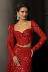 Mishru_Red Tulle Sequins, Embroidery Sweetheart Neck Rossa Embellished Corset Skirt Set _Online_at_Aza_Fashions