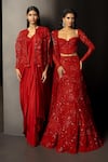 Shop_Mishru_Red Tulle Sequins, Embroidery Sweetheart Neck Rossa Embellished Corset Skirt Set _at_Aza_Fashions