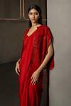 Mishru_Red Silk Sweetheart Neck, Rubira Embroidered Pre-draped Saree Set _Online_at_Aza_Fashions