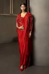 Buy_Mishru_Red Silk Sweetheart Neck, Rubira Embroidered Pre-draped Saree Set _at_Aza_Fashions