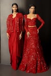 Shop_Mishru_Red Silk Sweetheart Neck, Rubira Embroidered Pre-draped Saree Set _Online_at_Aza_Fashions