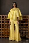 Buy_Mishru_Yellow Tulle Sequins, Embroidery Round Neck Citrine Cape And Pant Set _at_Aza_Fashions