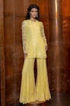 Buy_Mishru_Yellow Chiffon, Silk, Tulle Embroidery Round Neck Canarie Kurta Sharara Set _Online_at_Aza_Fashions