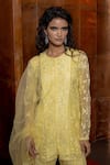 Shop_Mishru_Yellow Chiffon, Silk, Tulle Embroidery Round Neck Canarie Kurta Sharara Set _Online_at_Aza_Fashions