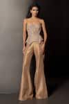 Shop_Mishru_Brown Tulle Sequins, Embroidery Helia Embellished Corset And Flared Pant Set _at_Aza_Fashions