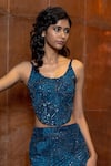 Shop_Mishru_Navy Tulle Sequins, Embroidery Scoop Nerule Embellished Crop Top And Skirt Set _at_Aza_Fashions