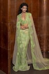Shop_Mishru_Green Tulle Sequins, Embroidery, Mirrors V-, Open Serin Cape Skirt Set _at_Aza_Fashions