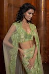 Buy_Mishru_Green Tulle Sequins, Embroidery, Mirrors V-, Open Serin Cape Skirt Set _Online_at_Aza_Fashions