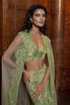 Shop_Mishru_Green Tulle Sequins, Embroidery, Mirrors V-, Open Serin Cape Skirt Set _Online_at_Aza_Fashions