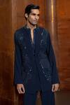 Mishru_Navy Cotton, Crepe Sequins, Beads Triton Embellished Bundi Kurta Set _Online_at_Aza_Fashions