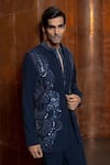 Buy_Mishru_Navy Cotton, Crepe Sequins, Beads Triton Embellished Bundi Kurta Set _Online_at_Aza_Fashions