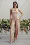 Buy_Pocket Stories_Rose Gold Denim Embroidery Asymmetric Ruche Shimmer Set _at_Aza_Fashions