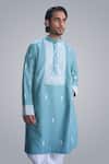 Sanjev Marwaaha_Teal Cotton, Silk Embroidery Kurta Set _Online_at_Aza_Fashions