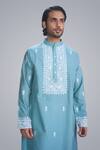 Buy_Sanjev Marwaaha_Teal Cotton, Silk Embroidery Kurta Set _Online_at_Aza_Fashions