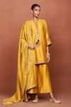 Buy_Sue Mue_Mustard Chanderi Silk, Tissue, Cotton Embroidery, Zoa Floral Kurta Set _at_Aza_Fashions