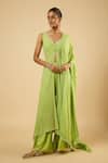Buy_Dori & CO._Green Georgette, Satin Sequins, Embroidery, Beads V-neck Kurta Sharara Set _at_Aza_Fashions