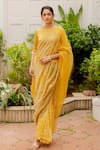 Buy_Chambray & CO._Yellow Tencel, Chanderi Silk, Tulle, Cotton Nirvi Leaves Saree And Blouse Set _at_Aza_Fashions