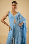 Dori & CO._Aqua Georgette, Satin Mirrors, Embroidery V-neck Embellished Tunic Sharara Set _at_Aza_Fashions