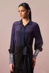 Shop_Sakshi Khetterpal_Navy Crepe Embroidery Collared, Button-down Neck Cuff Tie-up Top And Pant Set _at_Aza_Fashions
