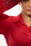 Buy_Sakshi Khetterpal_Red Crepe Embroidery, Beads Collared, Button-down Neck Cuff Top And Pant Set _Online_at_Aza_Fashions