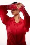 Shop_Sakshi Khetterpal_Red Crepe Embroidery, Beads Collared, Button-down Neck Cuff Top And Pant Set _Online_at_Aza_Fashions