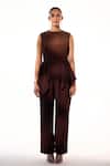 Buy_Sakshi Khetterpal_Brown Crepe Beads, Embroidery Round Neck Peplum Top And Pant Set _at_Aza_Fashions