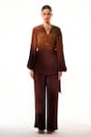 Buy_Sakshi Khetterpal_Brown Crepe Embroidery, Beads V-neck Ombre Hand Shirt And Pant Set _at_Aza_Fashions