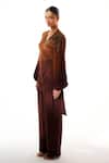 Sakshi Khetterpal_Brown Crepe Embroidery, Beads V-neck Ombre Hand Shirt And Pant Set _Online_at_Aza_Fashions