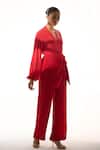 Buy Sakshi Khetterpal Red Crepe Embroidery V-neck Wrap Shirt And Pant Set at Aza Fashions Buy_Sakshi Khetterpal_Red Crepe Embroidery V-neck Wrap Shirt And Pant Set _at_Aza_Fashions