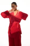 Sakshi Khetterpal Red Crepe Embroidery V-neck Wrap Shirt And Pant Set at Aza Fashions Sakshi Khetterpal_Red Crepe Embroidery V-neck Wrap Shirt And Pant Set _at_Aza_Fashions