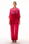 Buy_Sakshi Khetterpal_Pink Crepe Embroidery Collared, Split V-neck Intricate Hand Shirt And Pant Set _at_Aza_Fashions